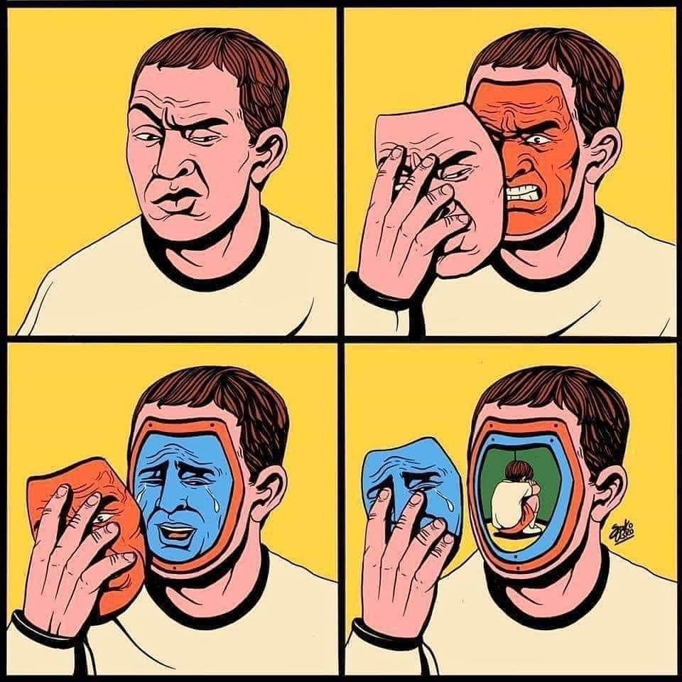 This meme is a four-panel comic that depicts a man's emotional state changing through various facial expressions. The text "I'm fine" appears in the first panel, but the subsequent panels show the man's emotions changing to anger, sadness, and finally, a mix of emotions. The final panel shows the man's face fragmented into multiple emotions, representing the complexity of his emotional state.